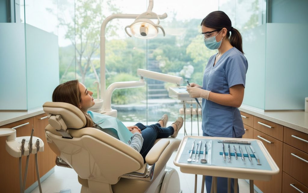A dentist near you examines a patient in a modern dental office with large windows and dental tools ready on a tray.