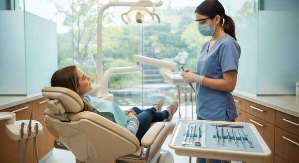 A dentist near you examines a patient in a modern dental office with large windows and dental tools ready on a tray.