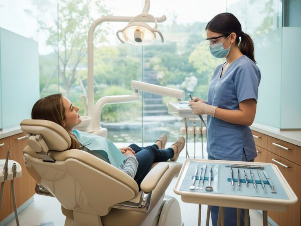 A dentist near you examines a patient in a modern dental office with large windows and dental tools ready on a tray.