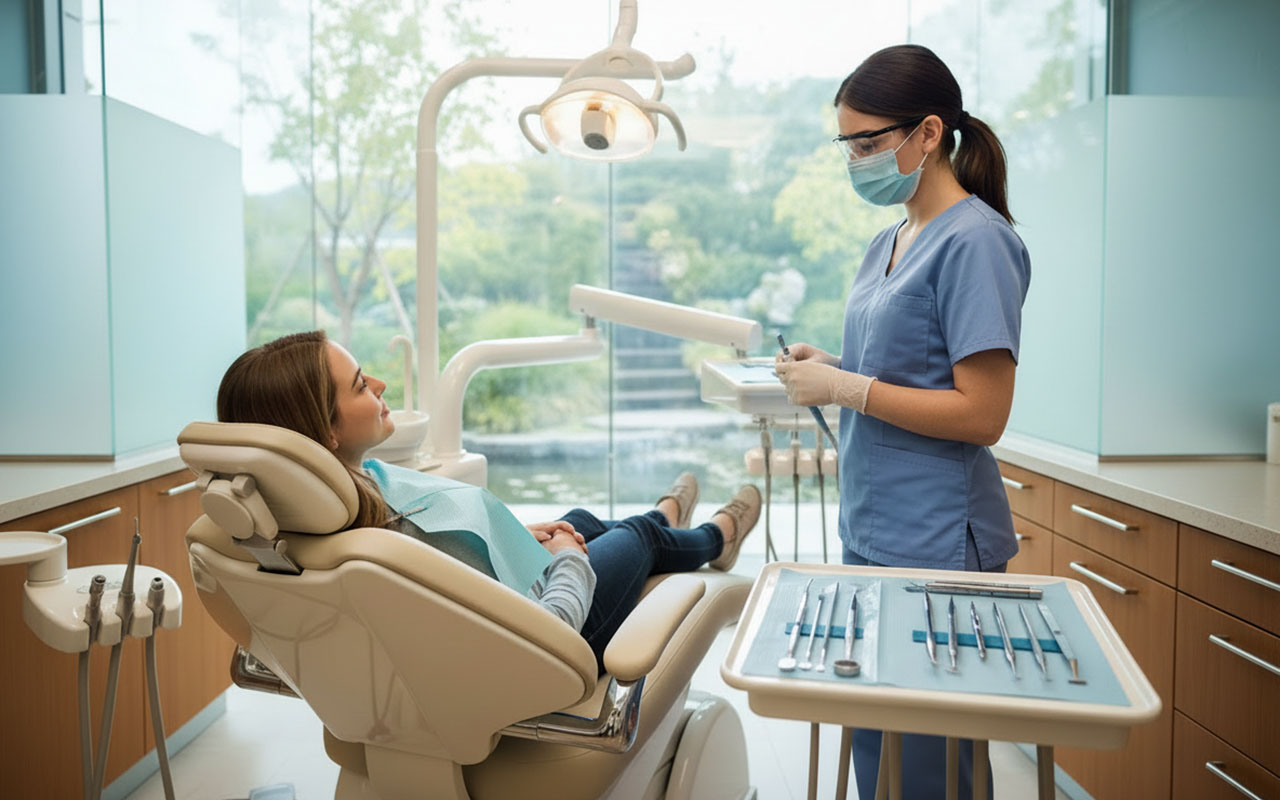 One of our dental professionals consulting with a young patient in our clinic examination room