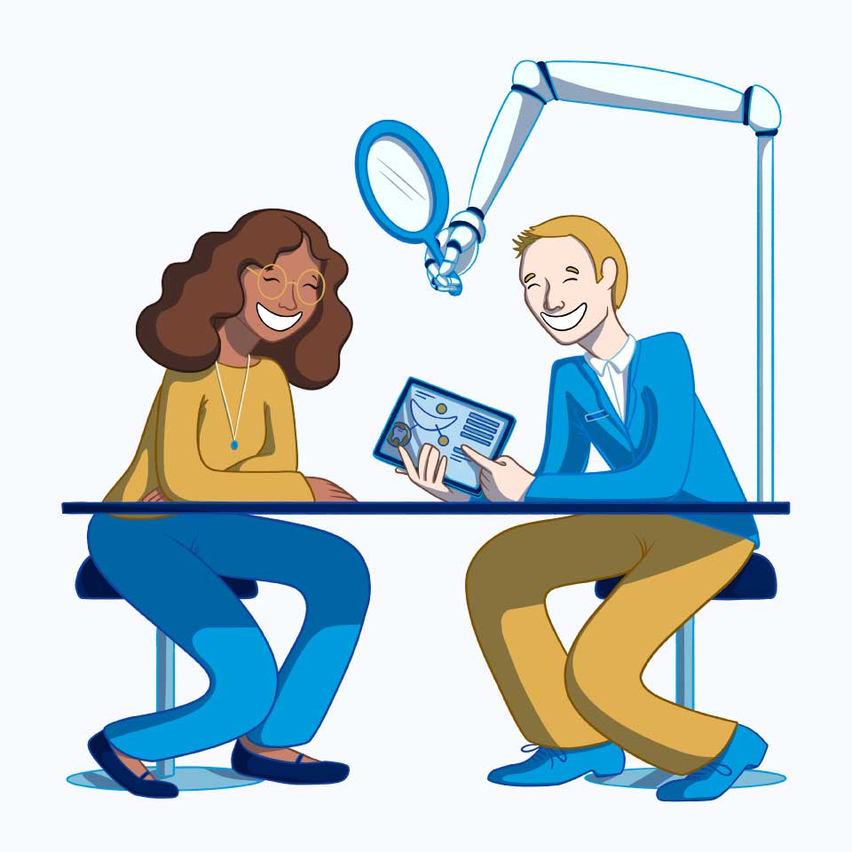 A smiling woman and a man are sitting at a table, engaging in a cheerful discussion while looking at a tablet. Above them, a magnifying lamp is positioned, enhancing their conversation. The friendly 123Dentist Smiley adds a welcoming atmosphere to the scene.