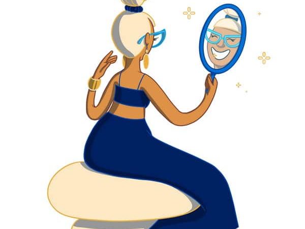 Woman dental professional holding mirror and perfume bottle with sparkles