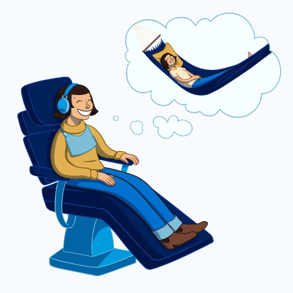 A person sits comfortably in a dental chair, wearing headphones and smiling. Above them, a thought bubble shows a relaxing scene of someone lying on a beach. The cheerful 123Dentist Smiley adds a friendly touch to the scene, emphasizing a calm dental experience.